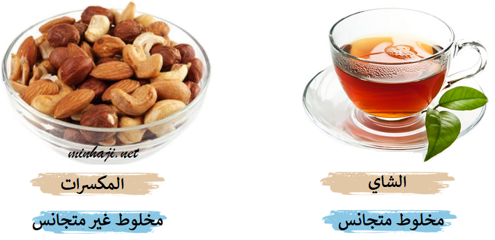 الشاي مخلوط متجانس والمكسرات مخلوط غير متجانس المخاليط